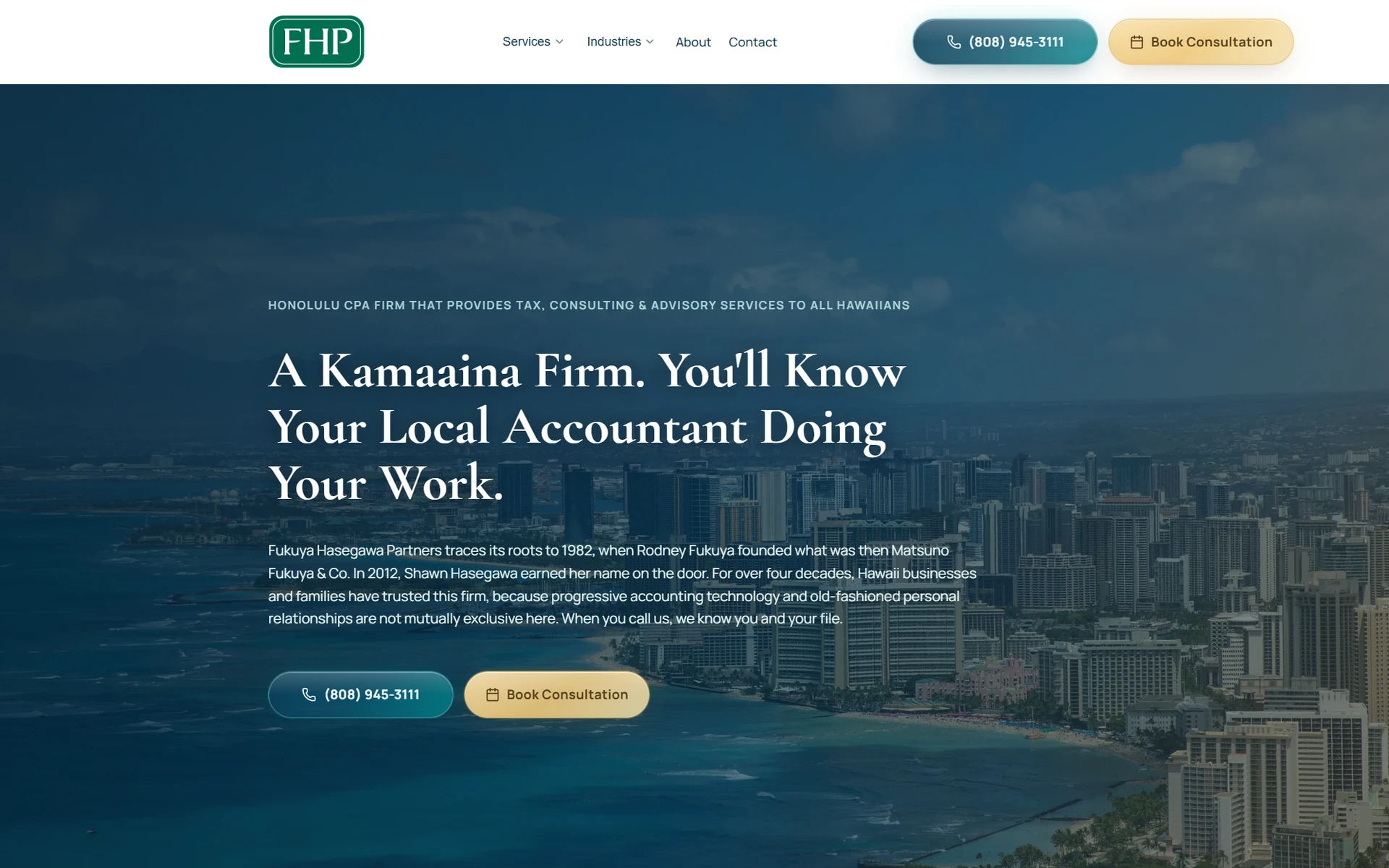 Screenshot of the Fukuya Hasegawa Partners homepage in Honolulu, HI