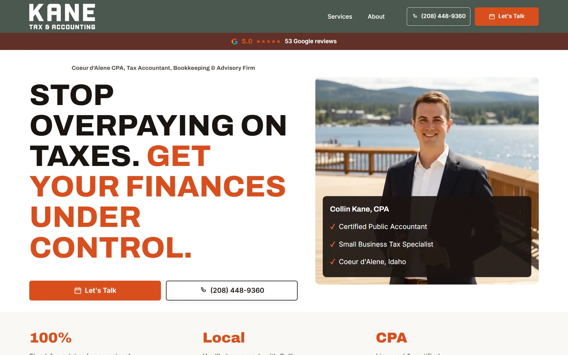 Screenshot of the Kane Tax & Accounting homepage in Coeur d'Alene, ID